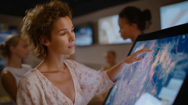 A wellness coach displaying a colorful lymphatic system diagram on a digital board during a group workshop, teaching natural ways to reduce puffiness and improve circulation &mdash; holistic education,