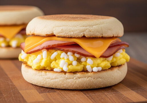 English muffin, scrumbled egg, ham, and cheese breakfast sandwich on a cutting board