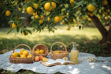 A peaceful summer picnic under a lemon tree.