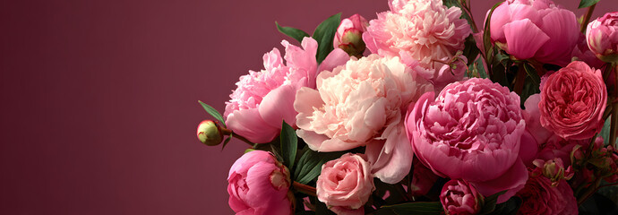 Obraz premium Fresh bunch of pink peonies and roses with copy space