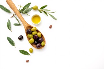 Fresh olives and olive oil arranged with leaves on a clean white background.
