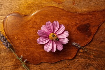 Golden honey with delicate flowers and a gentle bee.