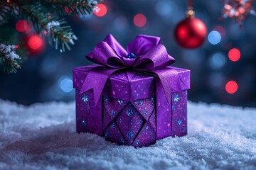 A sparkling purple gift nestled in winter magic.