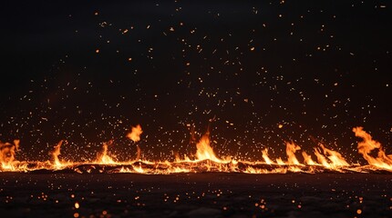 Glowing embers and flying sparks rising into the dark background.