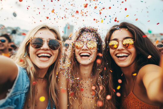 Young people celebrate, laugh, have fun, dance, and throw confetti into the air. A friendly, joyful, and festive atmosphere of celebration and friendship.