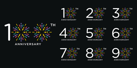 Set of collection 10 to 100 anniversary logo design, firework colorful for celebration happy new year and birthday logo graphic vector template