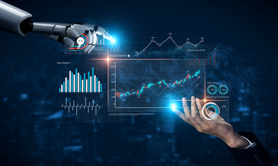 AI analyzing data analytics dashboard, detecting financial patterns, visualizing metrics, and generating insights for business decision-making and performance forecasting. Vouch