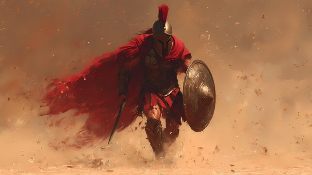 Ancient Greek warrior charging into battle with sword and shield