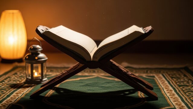 Holy quran open on a wooden stand rehal with soft warm lighting from a lantern and a lamp, symbolizing islamic faith and ramadan nights