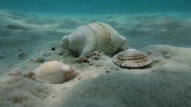 Underwater life in ocean sand with shells and small creatures on the sea floor