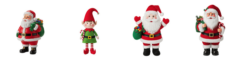 Christmas Santa and Elf Figurine PNG Set Isolated on White Background Realistic Father Christmas and Holiday Elf Clipart Festive Winter Character Graphics Set