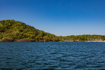 Small Rocky Island with Traditional Norwegian Houses in the Oslo Fjord
