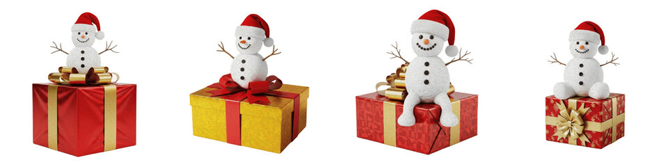 Christmas Snowman on Gift Box PNG Set Isolated on White Background Festive Snowman Figure with Santa Hat on Red and Gold Presents Holiday Gift Clipart Graphics