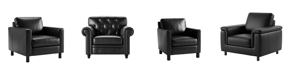 Modern Black Leather Armchair PNG Set Isolated on White Background Luxury Tufted Office Chair Furniture Interior Design Clipart Minimalist Executive Home Decor