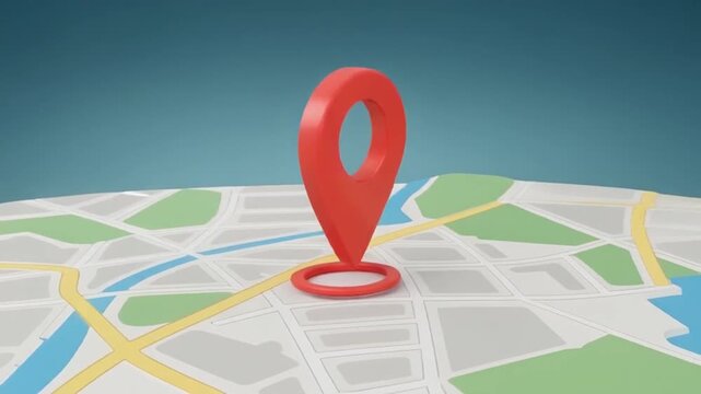 A 3D rendered map illustration with a red location marker pin on a cityscape with roads and parks