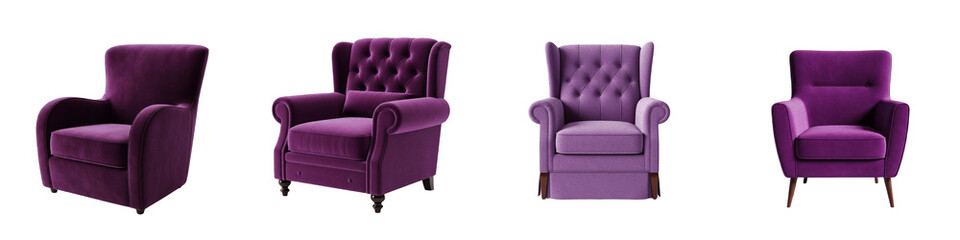 Purple Velvet Armchair PNG Set Isolated on White Background Luxury Wingback Chair Tufted Lounge Furniture Elegant Interior Design Clipart Living Room Decor Set