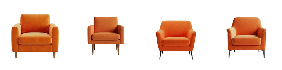 Modern Orange Velvet Armchair PNG Set Isolated on White Background Mid Century Living Room Furniture Burnt Orange Lounge Chair Interior Design Clipart Elements