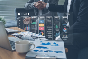 A weekly business performance report and analytics dashboard. A concept for tracking trends, KPIs,...