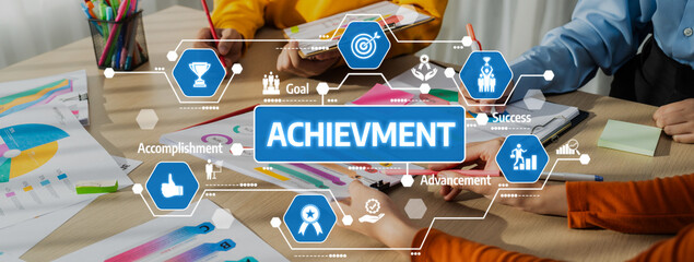 Startup company employee working together, analyzing BI dashboard paper on financial data report and planning strategic marketing for business success in panorama banner. Synergic Amity