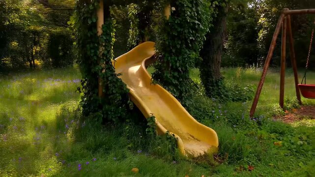 Children enjoy playtime on the slide and swings in a park surrounded by trees and flowers