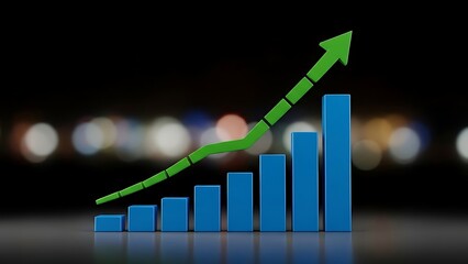 Blue bar graph with green upward trend line at night