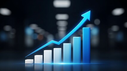 Blue bar graph with upward arrow on dark background