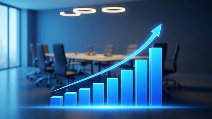 Blue bar graph with upward trend in a conference room