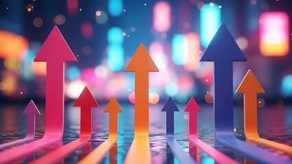 Colorful arrows on reflective surface with bokeh background