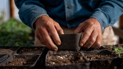 A greenhouse technician adjusting soil mixes with perlite and peat, optimizing water retention and root aeration for commercial nursery production. cinematic color correction, natural uneven