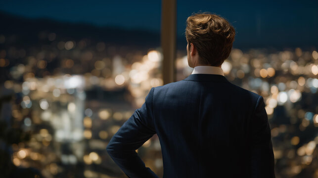 A business leader reviewing a failed strategy presentation alone in a glass office, city lights reflecting behind them as they confront the consequences of a critical misjudgment. cinematic color