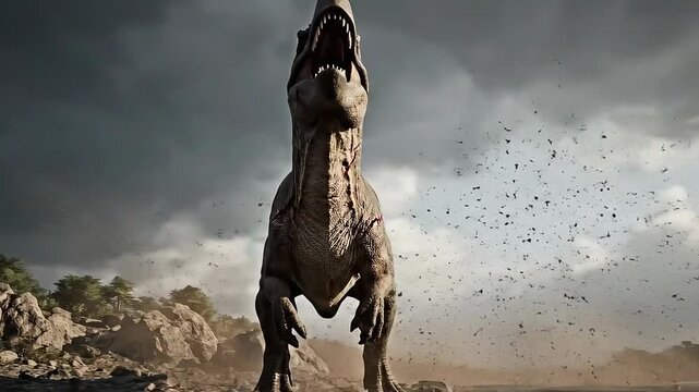 Ferocious Carnotaurus dinosaur charges dynamically through shallow water environment