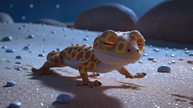 Cute animated gecko lizard walking cautiously under a starry night sky