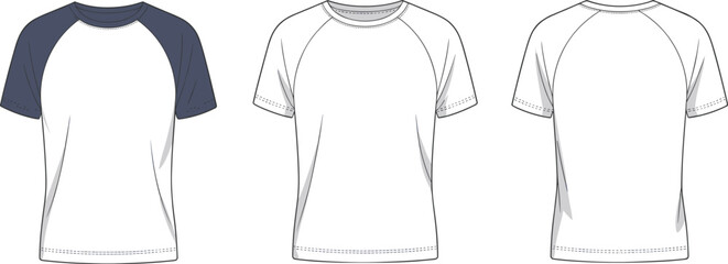 Raglan t-shirt sketch, crew neckline, front view, side view, back view, fashion flat, CAD drawing, apparel design, vector illustration