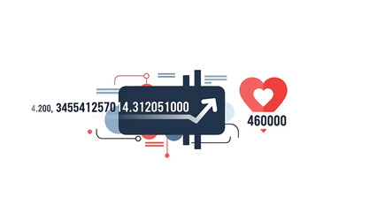 An abstract graphic representing data growth with charts, numbers, and a heart icon for social media engagement