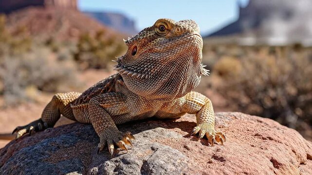Close up portrait of desert bearded dragon lizard basking on warm stone