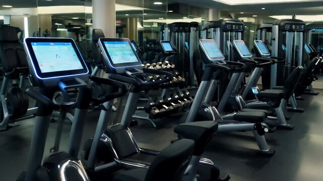 Fitness machines in modern gym with new technology and various workout options for exercise enthusiasts