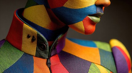 Vibrant Patchwork: Colorful Face and Outfit in Abstract Modern Art Photography