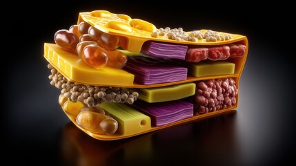 Detailed Illustration of Layered Food Structure Displaying Various Nutrients and Textures in Vibrant Colors on a Dark Background