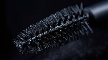 Mascara wand's applicator brush featuring dark, wet bristles generously coated with black cosmetic makeup against a dramatic dark background, highlighting beauty products