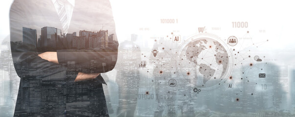 Global AI-powered digital network ecosystem connecting data, finance, analytics, ecommerce, communication, and automation across continents through technology and cloud Vouch