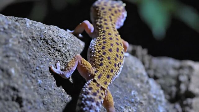 Spotted leopard gecko climbs rough stone surface under dim light,yellow,nature