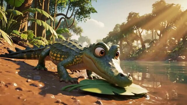Cute animated baby crocodile emerging from jungle river looking curious