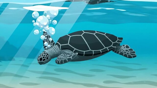 Pixelated sea turtle swimming underwater releasing bubbles toward the surface