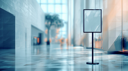 案内表示を静かに伝えるサインスタンドが配置されたオフィスエントランスの情景の水彩ポリゴン