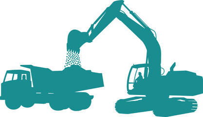 Silhouette of excavator loading dump truck in construction site, illustrating earth-moving machinery, teamwork, and heavy equipment operation in industrial setting. © Hasem Creative