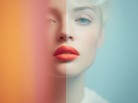 Closeup fashion portrait of stunning blonde woman with bright red lips and with pastel color tones haze and blur dreamy effect