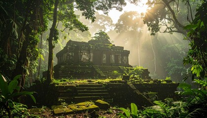 ancient stone structure hidden deep in dense jungle, untouched, soft morning mist