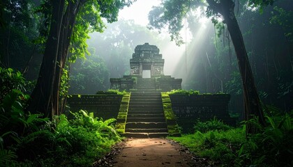 ancient stone structure hidden deep in dense jungle, untouched, soft morning mist