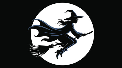 A witch silhouette flies across a full moon at night.
