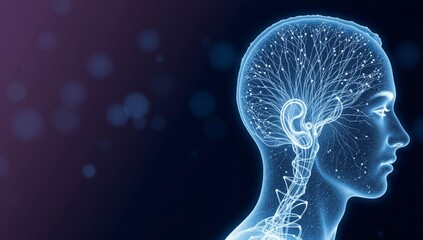 Futuristic wireframe human head profile with glowing blue brain neural network connection